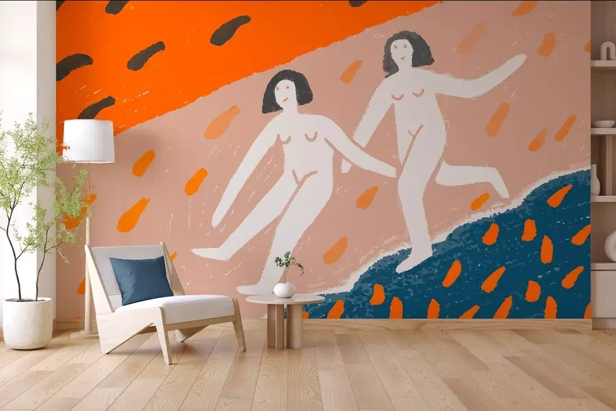 Papier peint photo art contemporain : deux femmes courant le long de la côte w05564