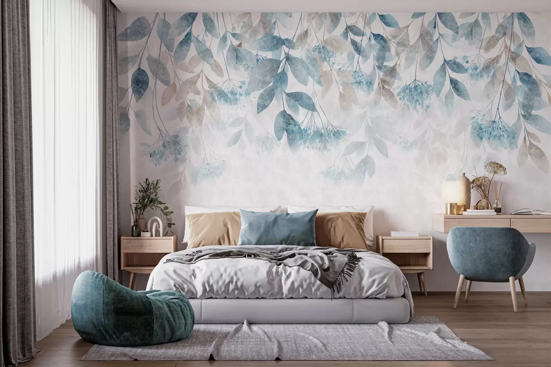 Fotobehang bladeren met een structuur die in golven hangen, met bloemen in tinten turkoois en beige w05565