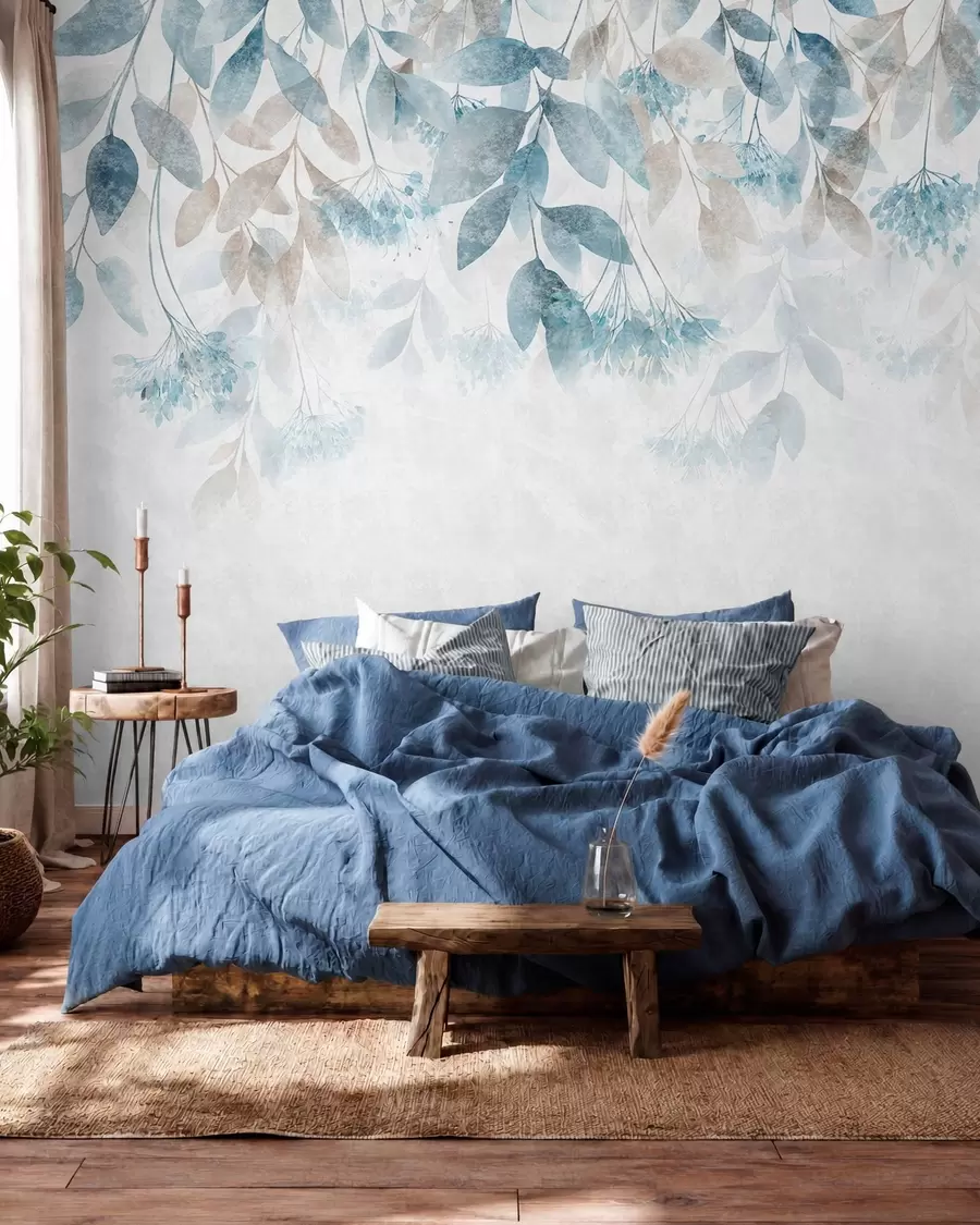 Fotobehang bladeren met een structuur die in golven hangen, met bloemen in tinten turkoois en beige w05565