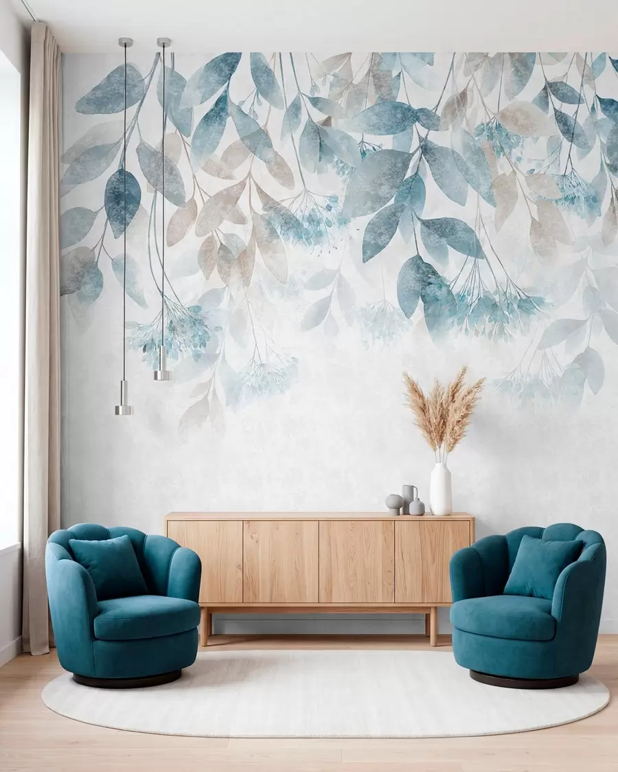 Papier peint photo Cascade de feuilles turquoise w05565