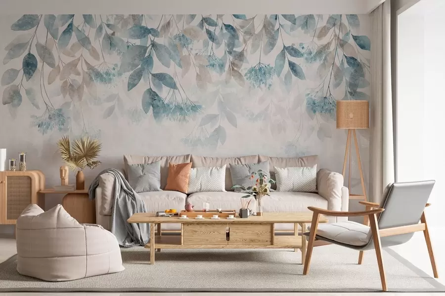 Fotobehang bladeren met een structuur die in golven hangen, met bloemen in tinten turkoois en beige w05565