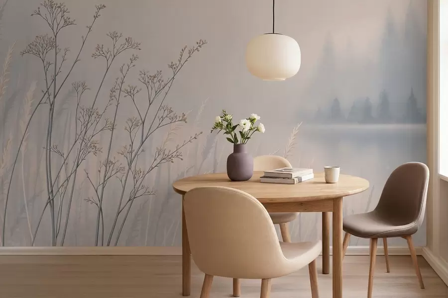 Fotobehang Weidegrassen aan het water in een mistig landschap w05534