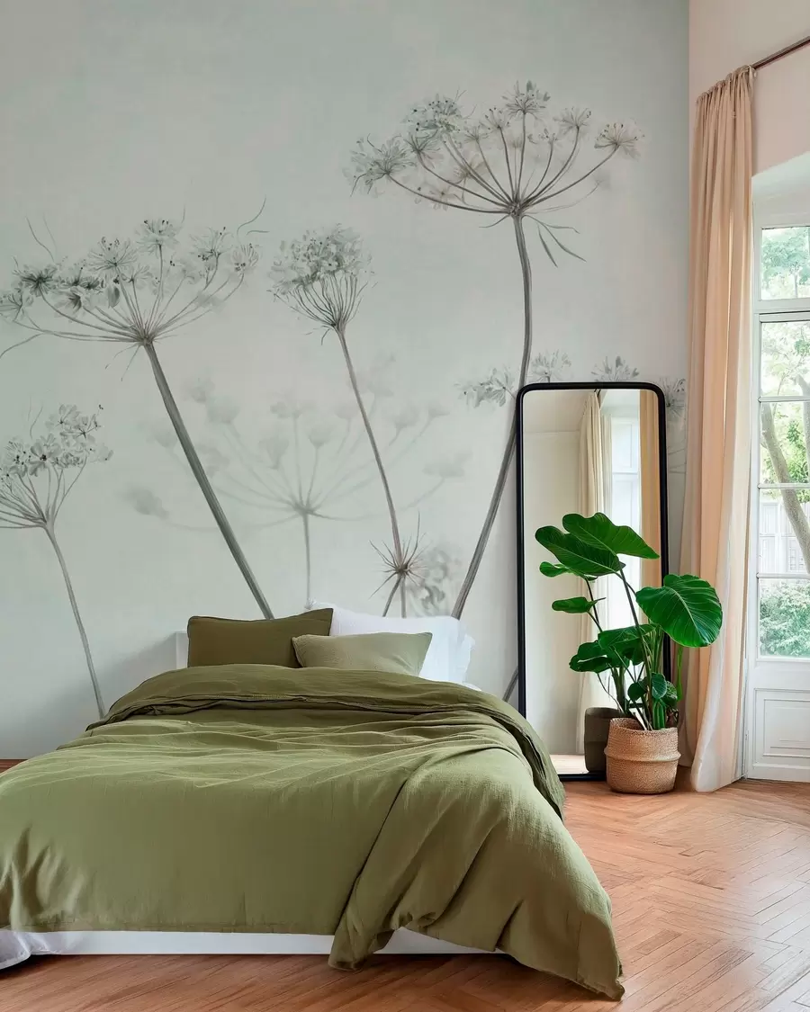 Fotobehang Fijne gedroogde bloemschermen tegen een zachte, lichte achtergrond w05543v1