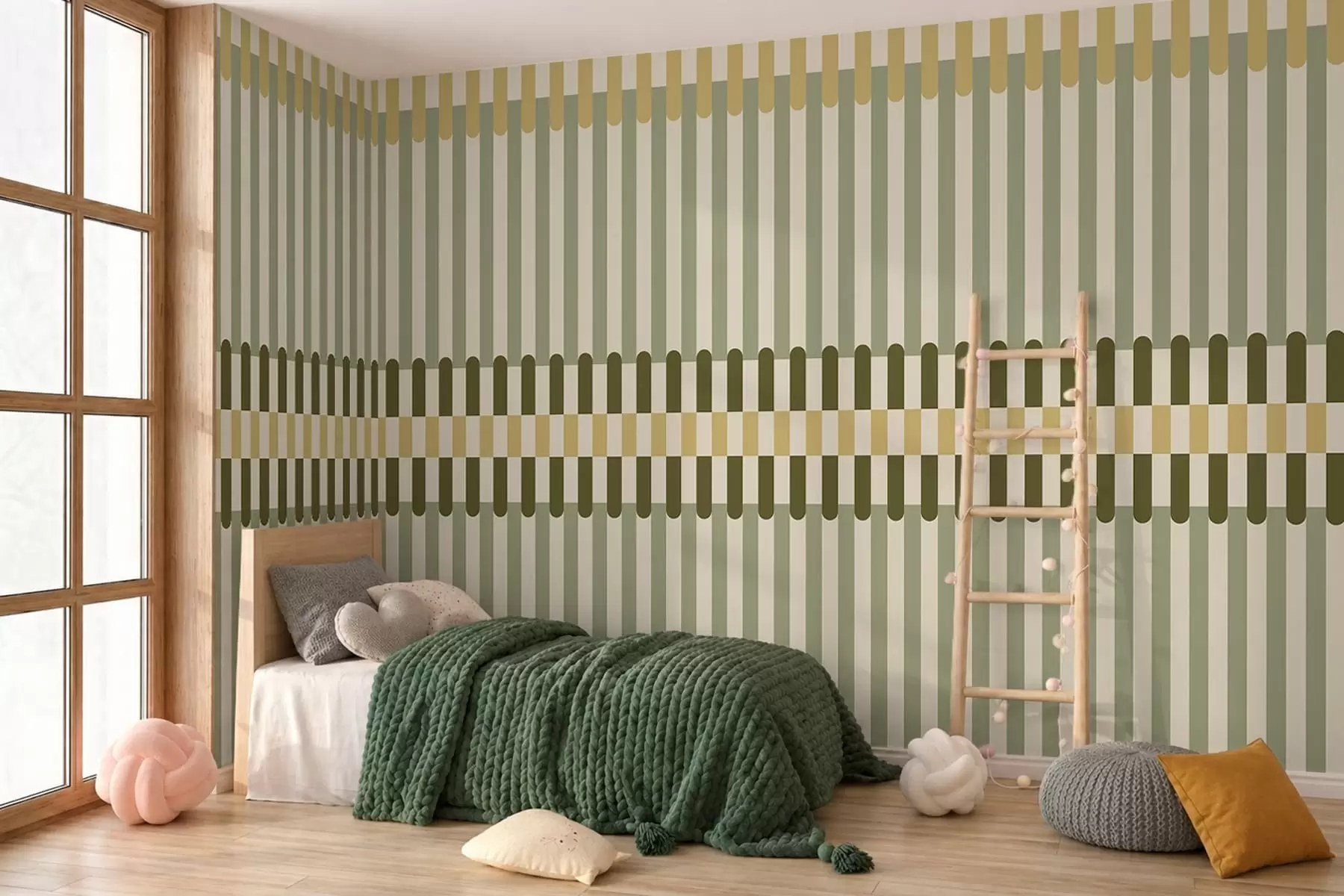 Fotobehang Gestreepte motief in groene en zandkleurige tinten w05150