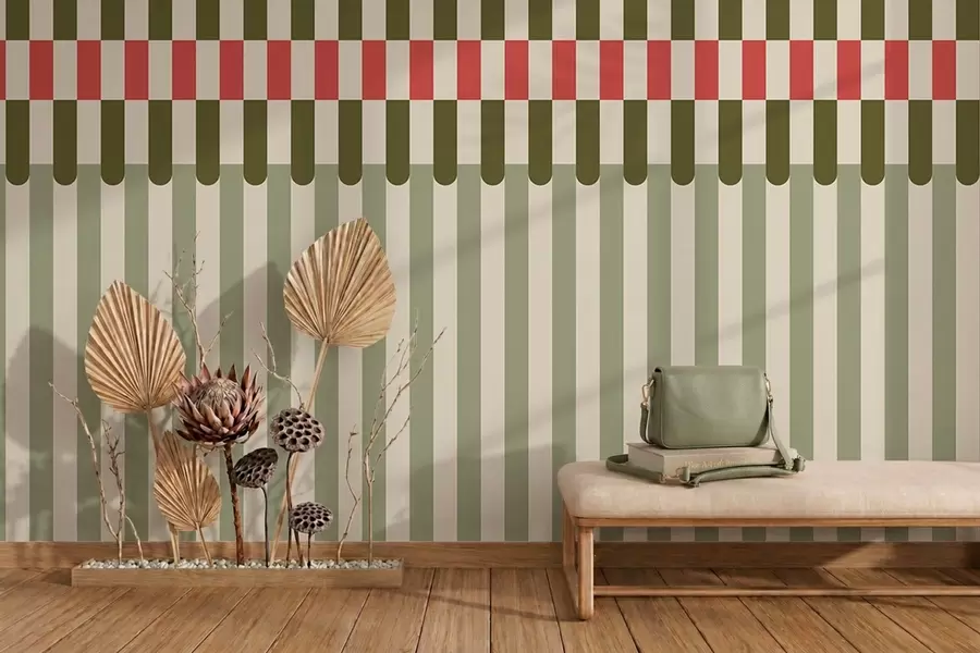 Papier peint photo Motif rayé dans des tons verts et corail w05150v4