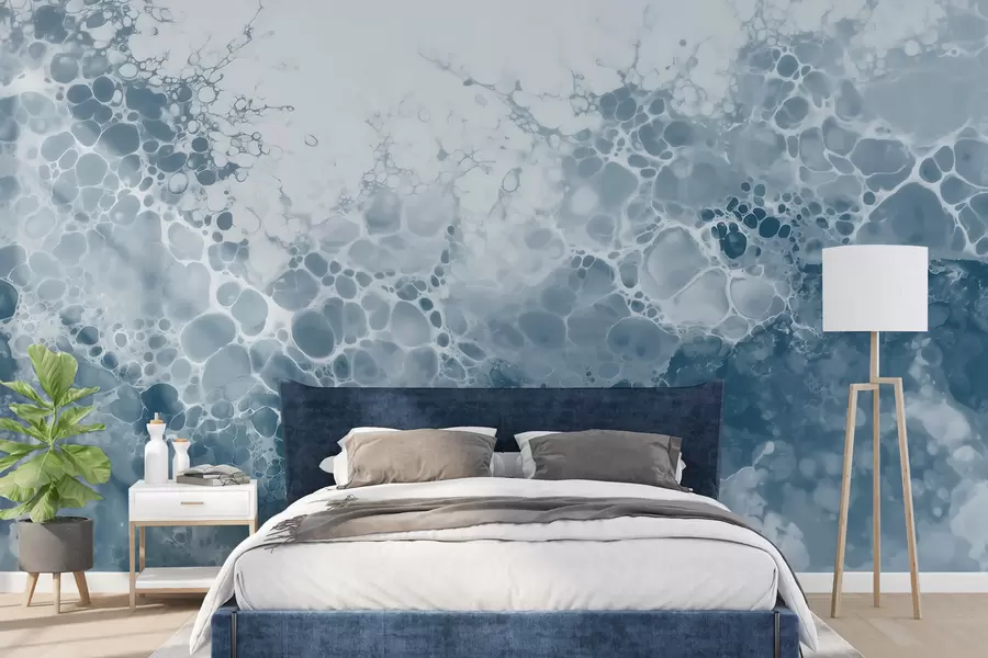 Papier peint photo Une abstraction bleue aérienne avec des bulles, dans un style aquarelle w09673