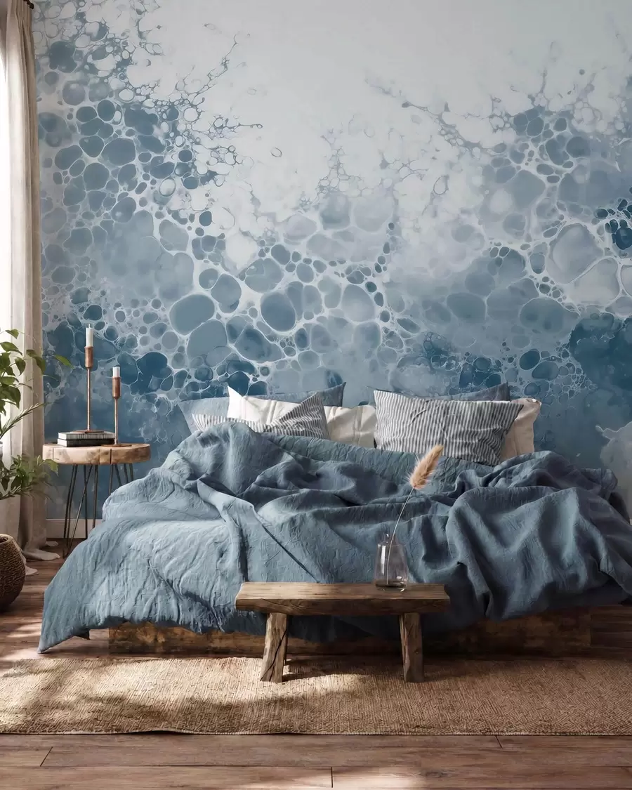 Fotobehang Luchtige blauwe abstractie met bubbels in aquarelstijl w09673