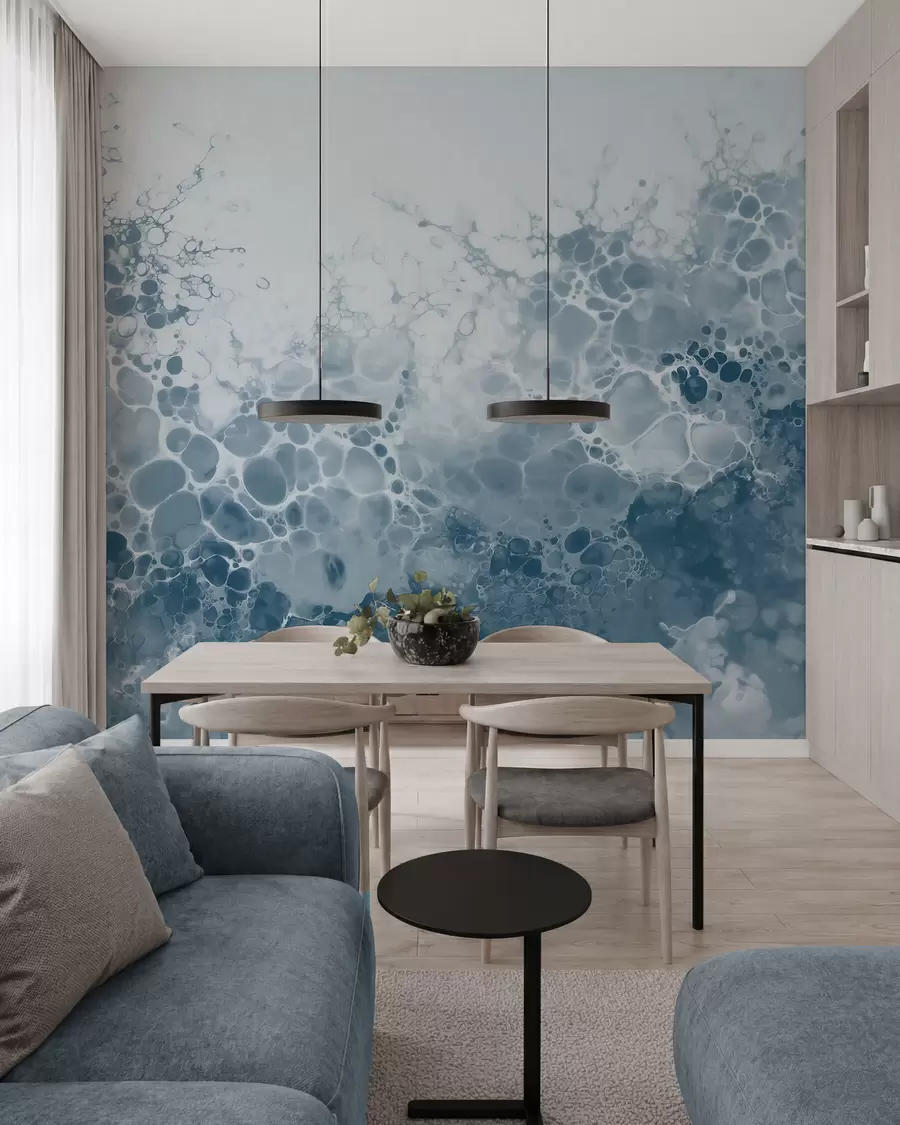 Papier peint photo Une abstraction bleue aérienne avec des bulles, dans un style aquarelle w09673