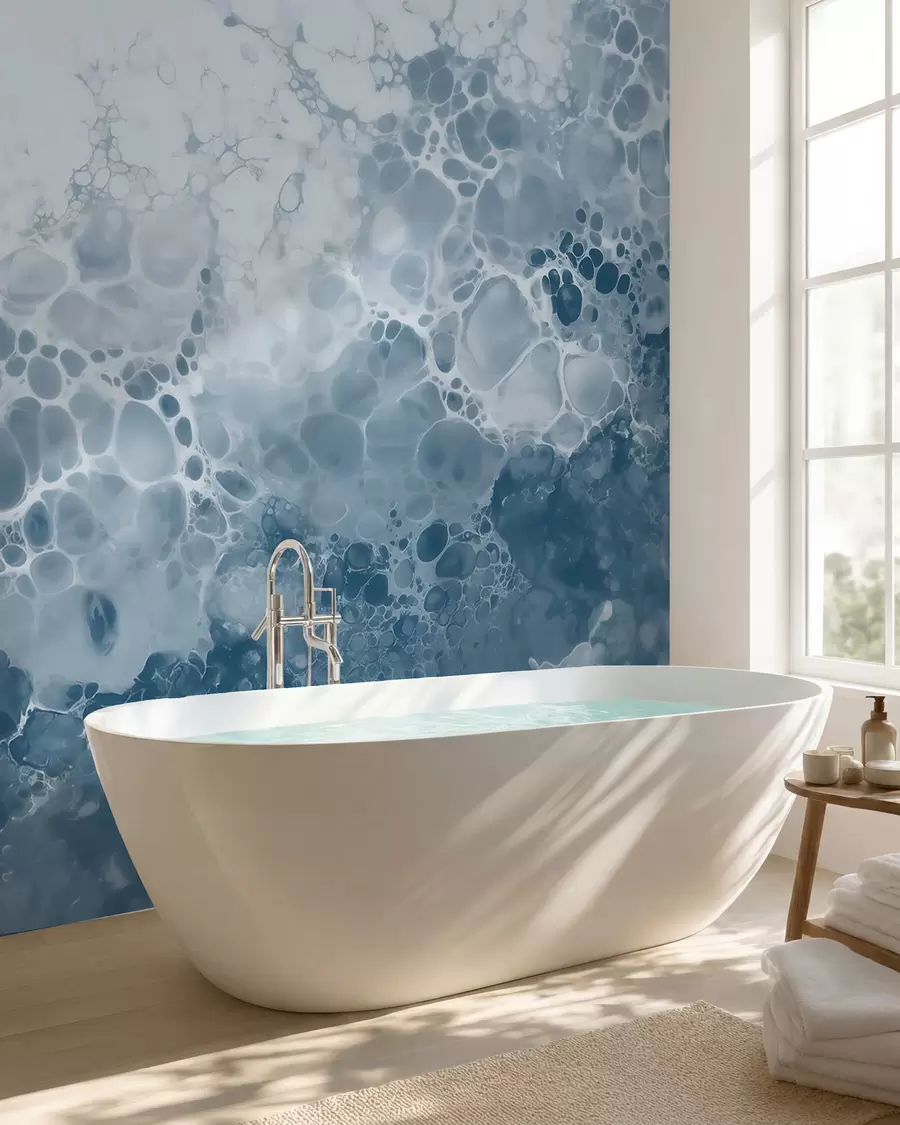 Fotobehang Luchtige blauwe abstractie met bubbels in aquarelstijl w09673
