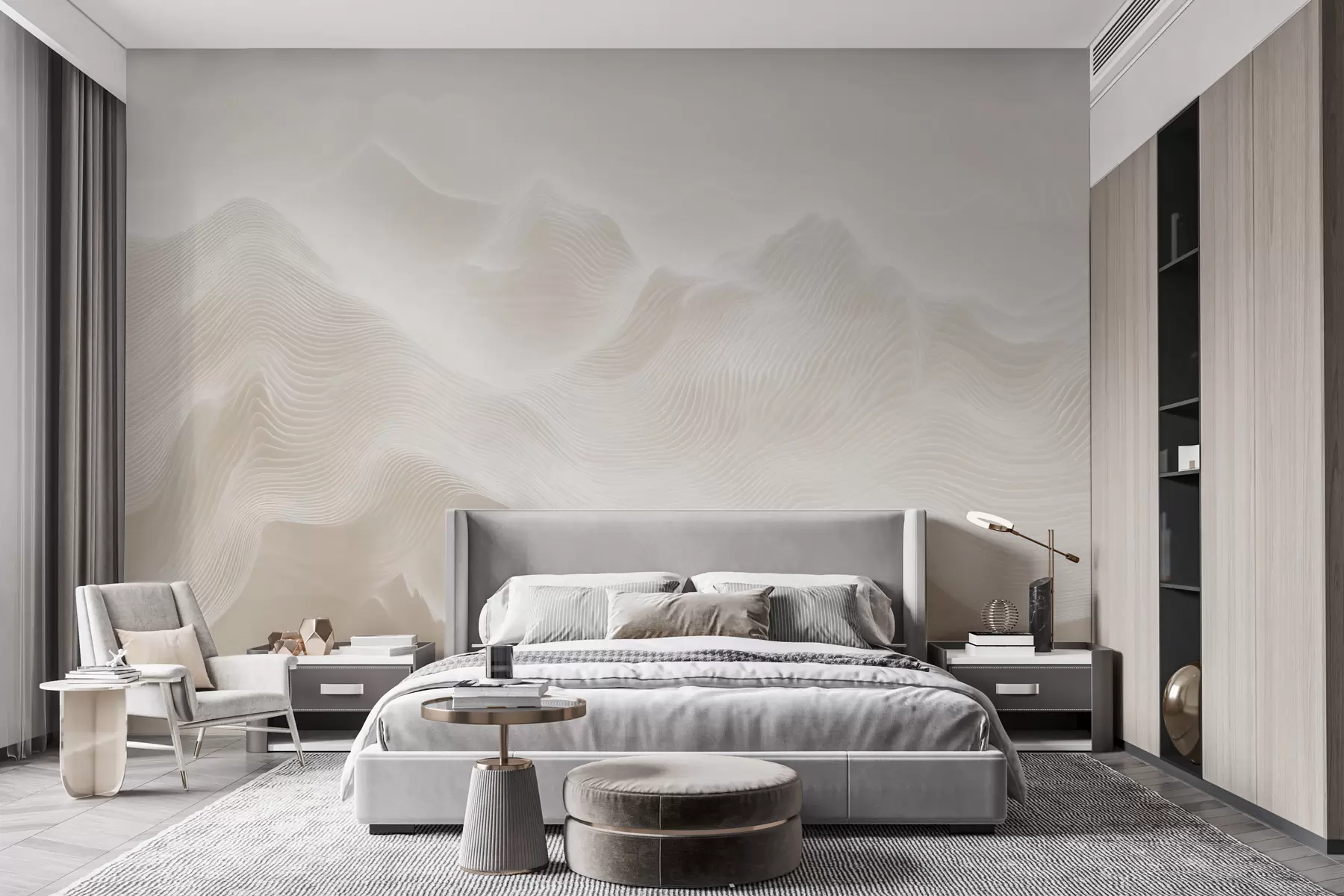 Fotobehang Abstracte, golvende bergen in een beige kleurenpalet in minimalistische stijl w09713