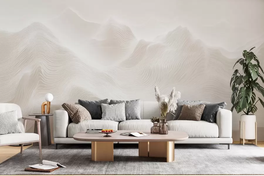 Fotobehang Abstracte, golvende bergen in een beige kleurenpalet in minimalistische stijl w09713
