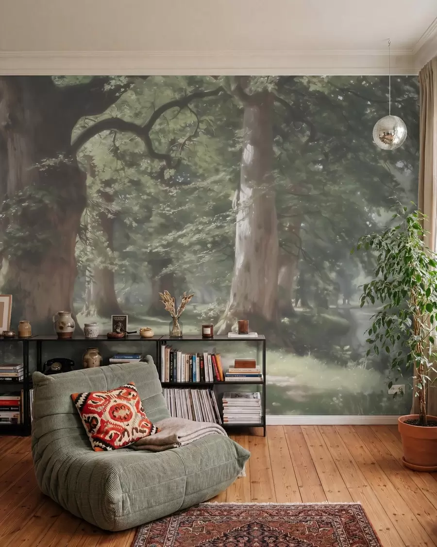Fotobehang Een sprookjesachtig boslandschap in zachte groen-beige tinten, geschilderd in schilderachtige stijl w09845