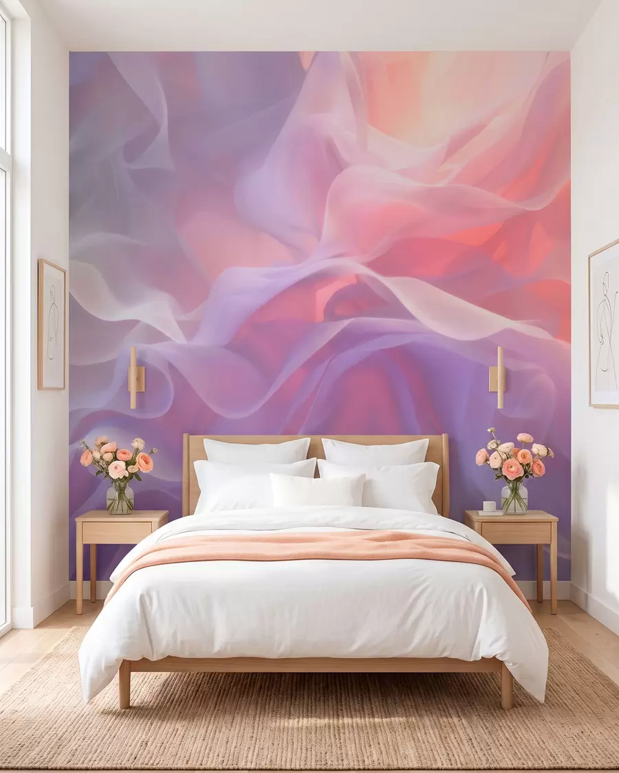 Papier peint photo Une abstraction aérienne aux vagues translucides dans une palette rose-lilas w09851