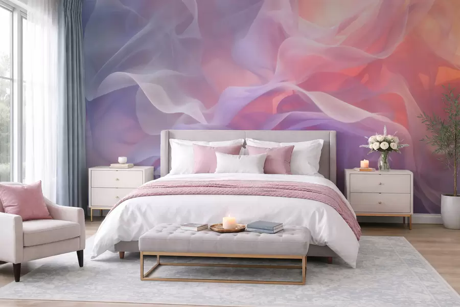 Papier peint photo Une abstraction aérienne aux vagues translucides dans une palette rose-lilas w09851