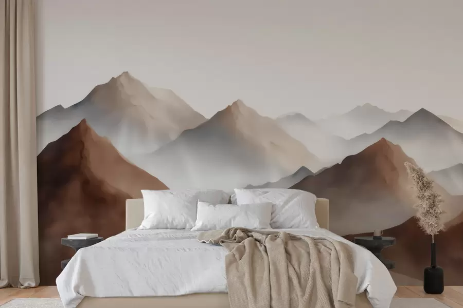 Fotobehang Mistige bergtoppen in een beige-bruin kleurenpalet in aquarelstijl w09857