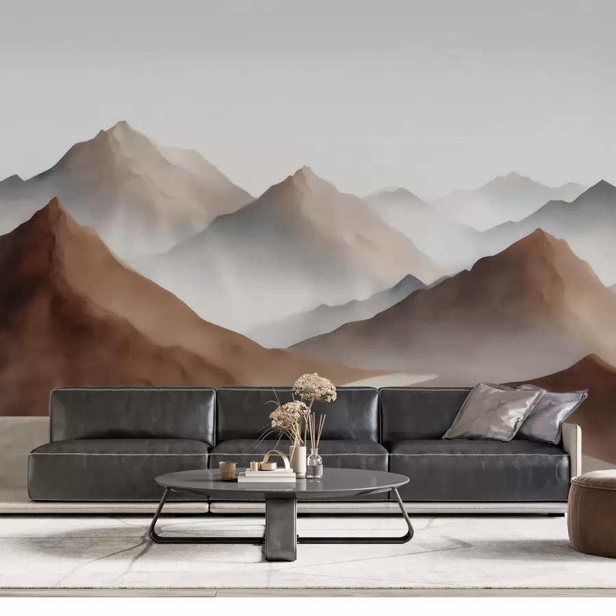 Fotobehang Mistige bergtoppen in een beige-bruin kleurenpalet in aquarelstijl w09857