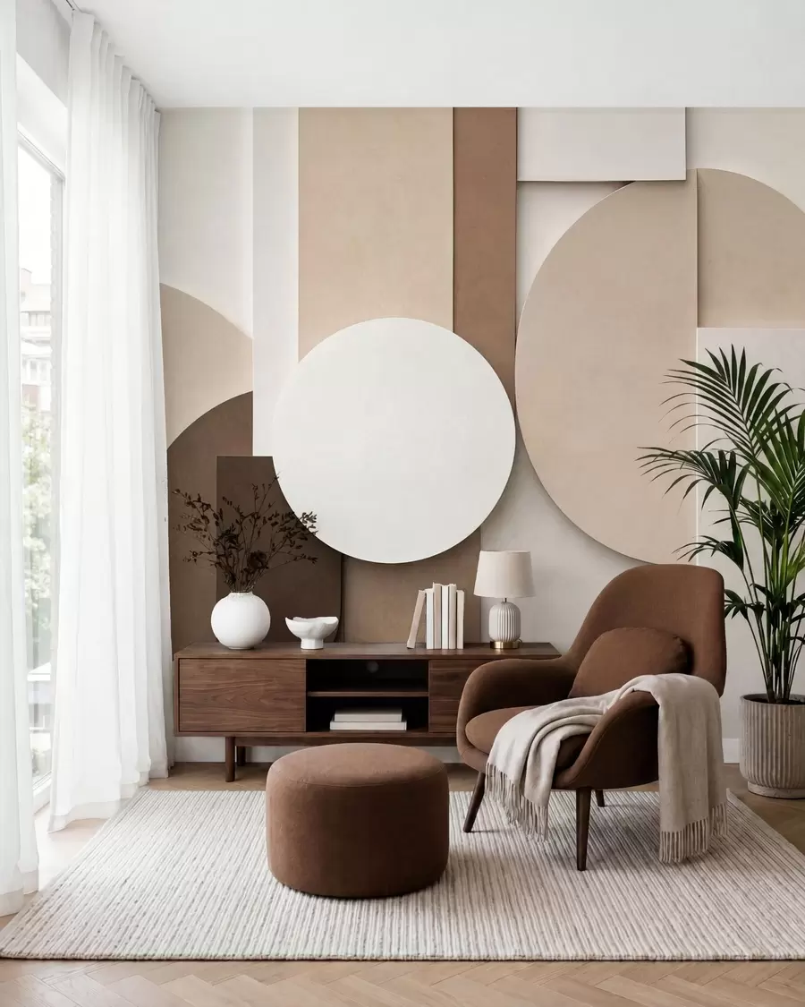 Fotobehang Beige geometrische vormen met textuur in een gelaagde 3D-compositie, minimalistische, moderne wanddecoratie w05598