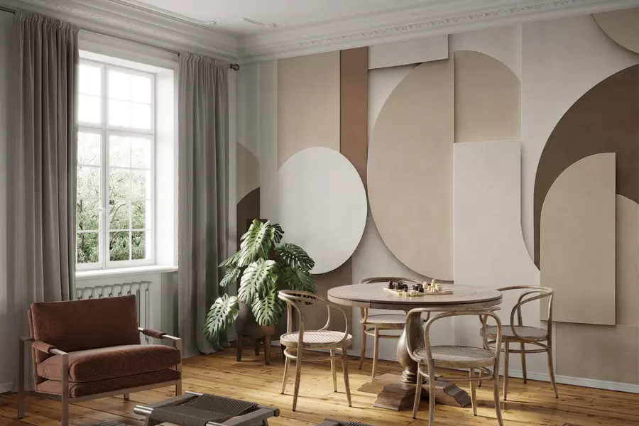 Fotobehang Beige geometrische vormen met textuur in een gelaagde 3D-compositie, minimalistische, moderne wanddecoratie w05598