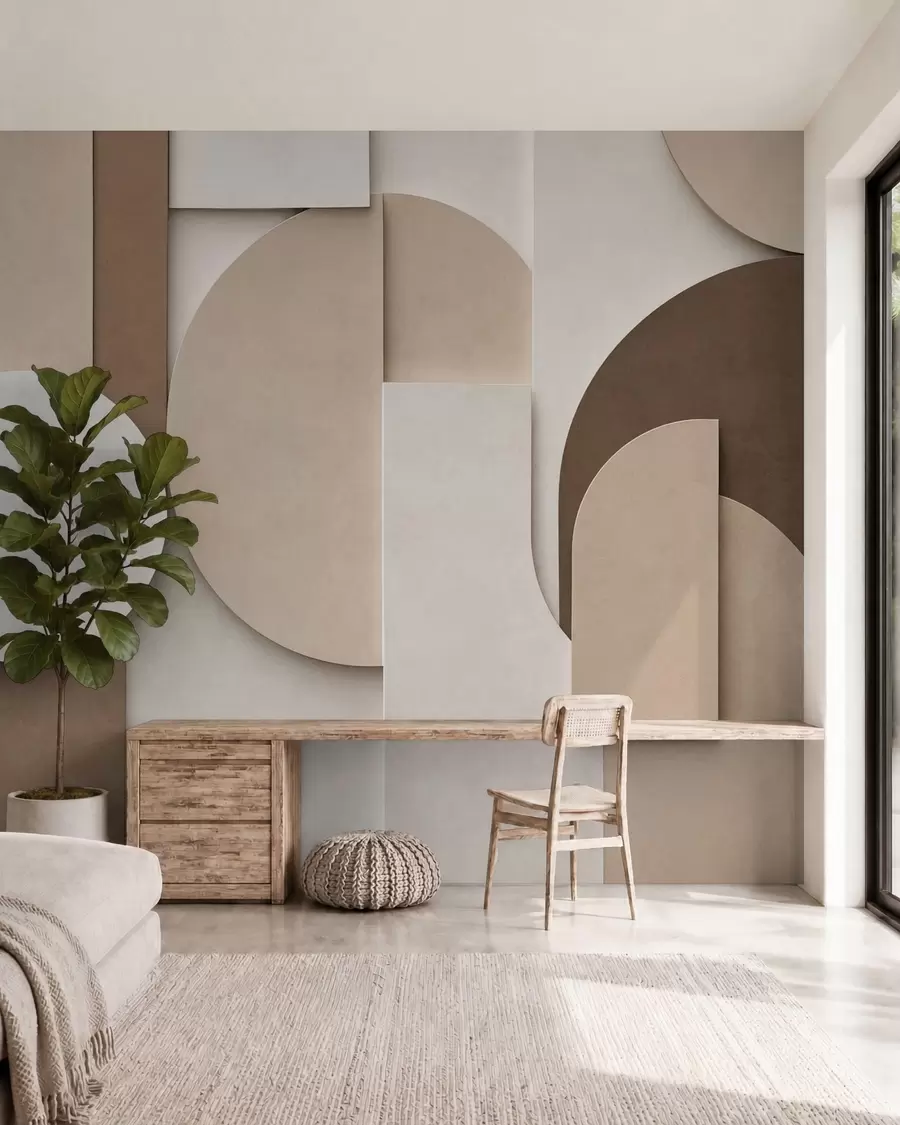 Fotobehang Beige geometrische vormen met textuur in een gelaagde 3D-compositie, minimalistische, moderne wanddecoratie w05598