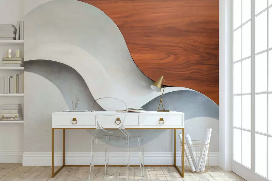 Fotobehang Vloeiende abstracte golven met warme houten accenten, minimalistisch eigentijds design w05599