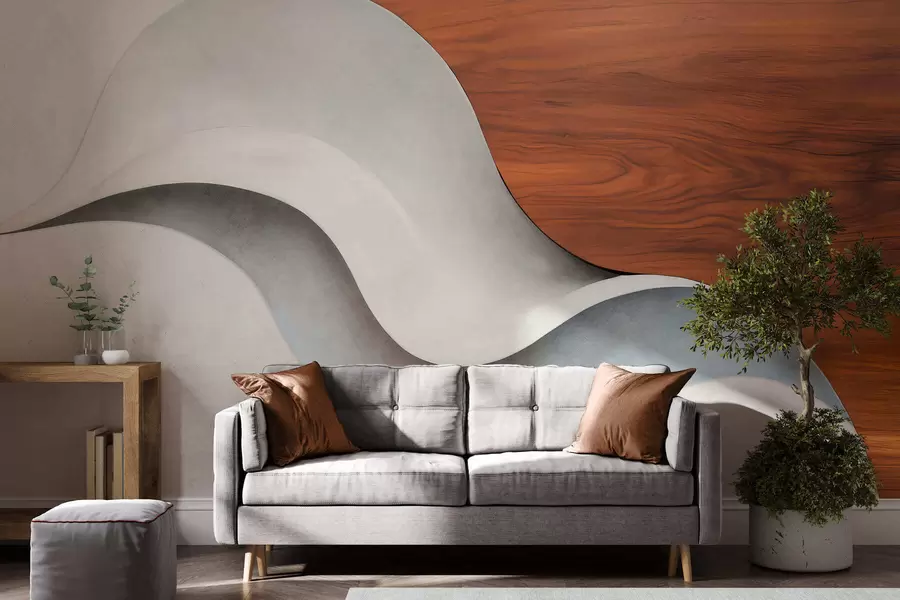 Papier peint photo Des vagues abstraites fluides rehaussées de touches de bois chaleureuses, dans un style minimaliste et contemporain w05599