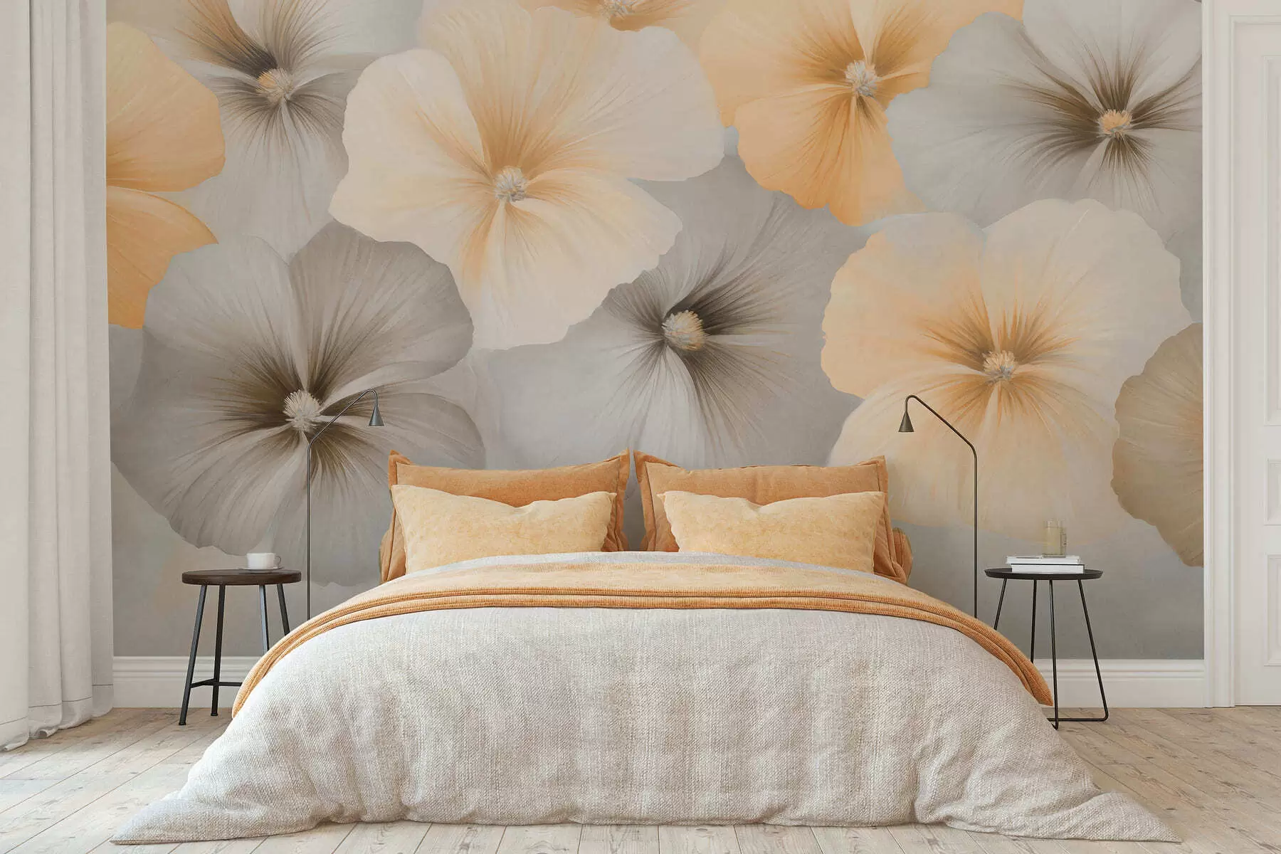 Fotobehang Zachte pastelkleurige bloemen in romige gele en grijze tinten op een delicate achtergrond w05600