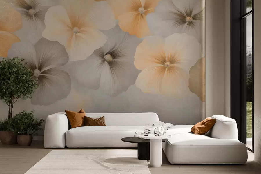 Fotobehang Zachte pastelkleurige bloemen in romige gele en grijze tinten op een delicate achtergrond w05600