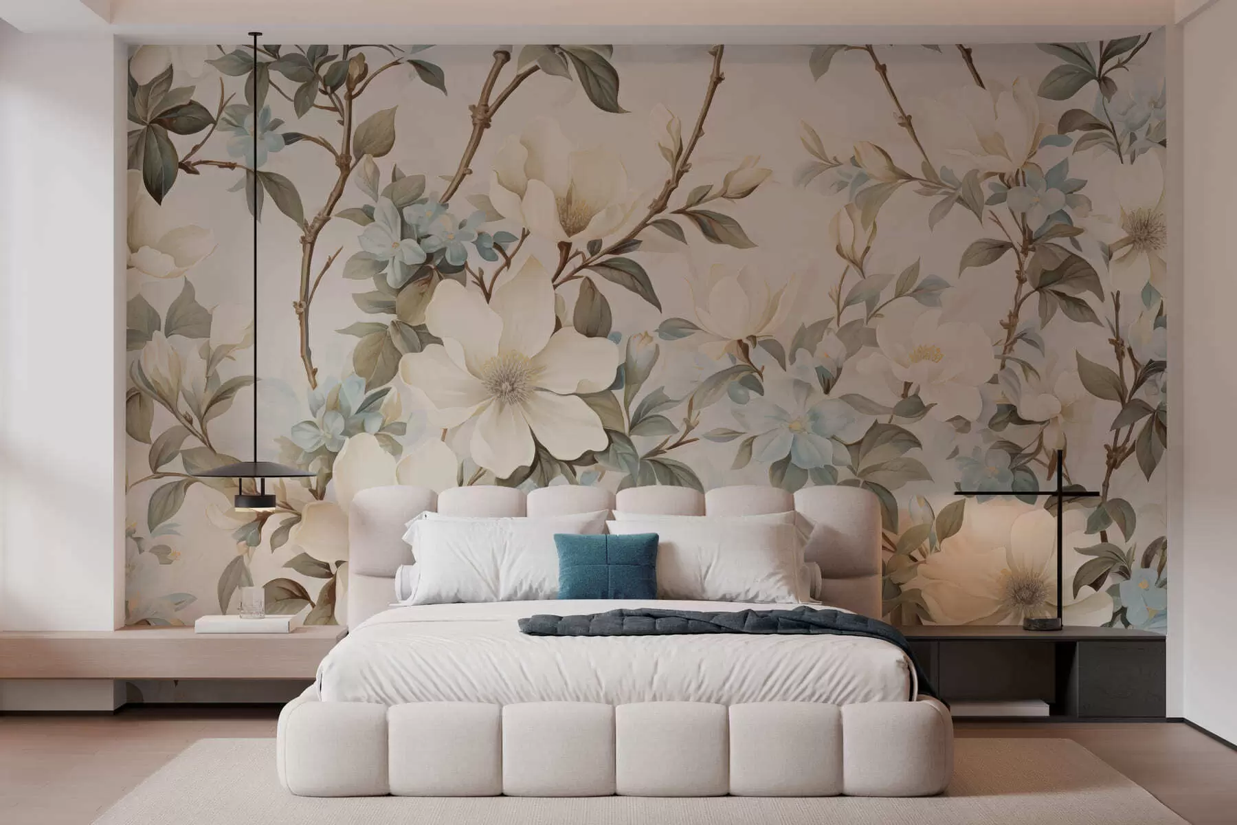 Papier peint photo Des fleurs délicates et des feuilles d'un vert tendre, dans un style vintage pictural aux touches subtiles w05601