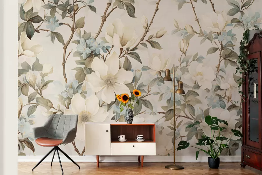 Fotobehang Verfijnde bloemen en zachtgroene bladeren in een schilderachtige vintage stijl met subtiele penseelstreken w05601