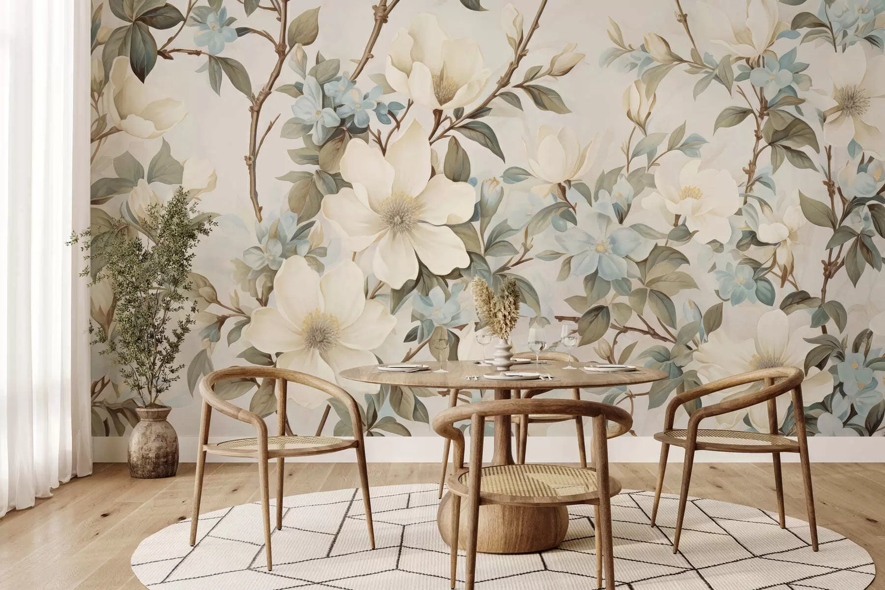 Papier peint photo Des fleurs délicates et des feuilles d'un vert tendre, dans un style vintage pictural aux touches subtiles w05601