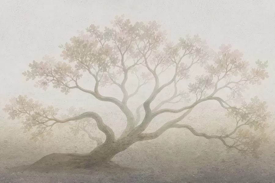 Fotobehang Minimalistisch landschap met mistige bomen in zachte beige tinten, dromerige sfeervolle kunst w05602