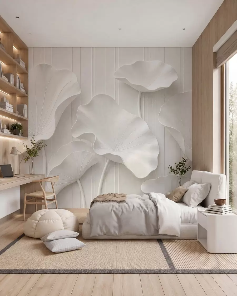Papier peint photo Relief floral sculptural blanc aux pétales superposés, une décoration murale 3D élégante w05604