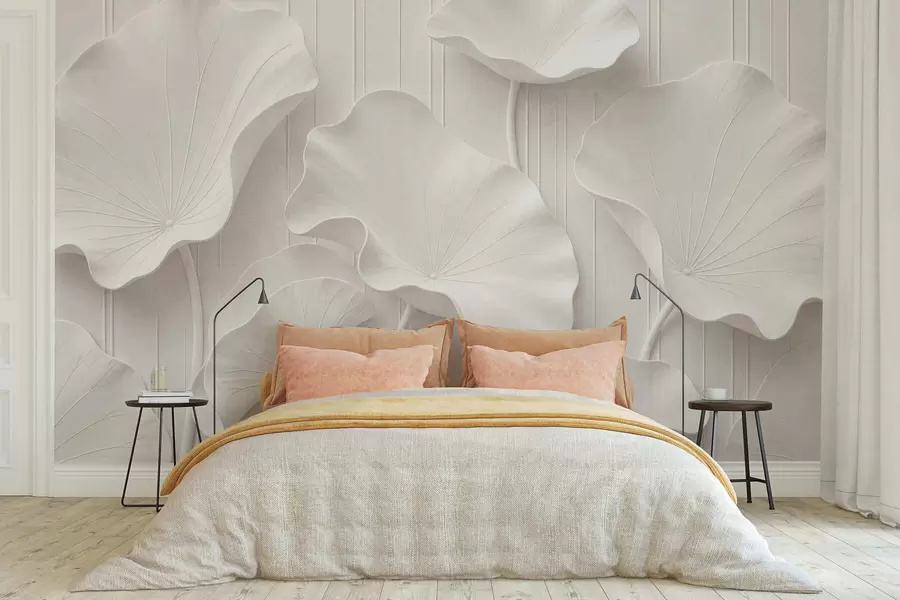 Papier peint photo Relief floral sculptural blanc aux pétales superposés, une décoration murale 3D élégante w05604