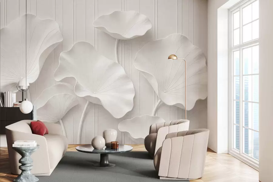 Papier peint photo Relief floral sculptural blanc aux pétales superposés, une décoration murale 3D élégante w05604