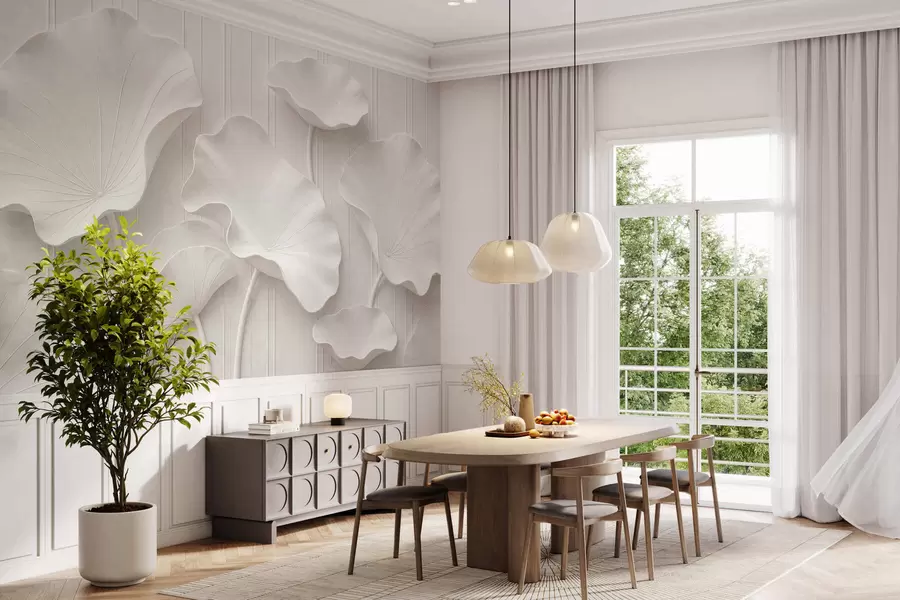 Papier peint photo Relief floral sculptural blanc aux pétales superposés, une décoration murale 3D élégante w05604
