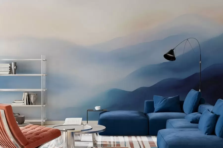 Papier peint photo Des montagnes aux couleurs aquarellées dans des tons bleus doux, avec des dégradés oniriques et une profondeur évocatrice w05605