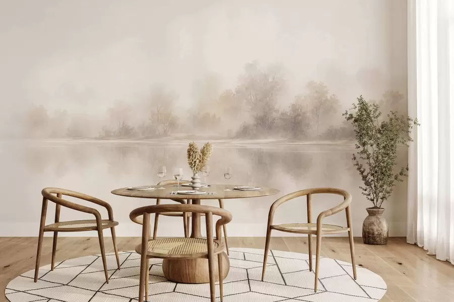 Fotobehang Minimalistisch mistig landschap met subtiele weerspiegelingen in warme, neutrale tinten w05606