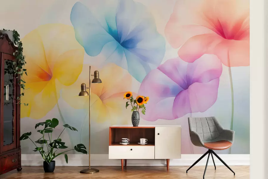 Fotobehang Kleurrijke, doorschijnende bloemen in zachte pasteltinten met een dromerig aquareleffect w05607