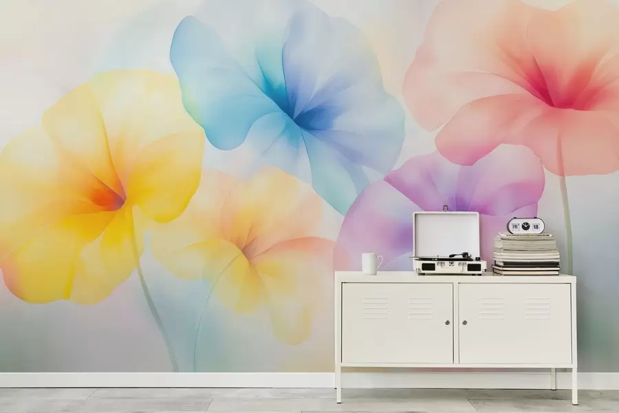 Fotobehang Kleurrijke, doorschijnende bloemen in zachte pasteltinten met een dromerig aquareleffect w05607