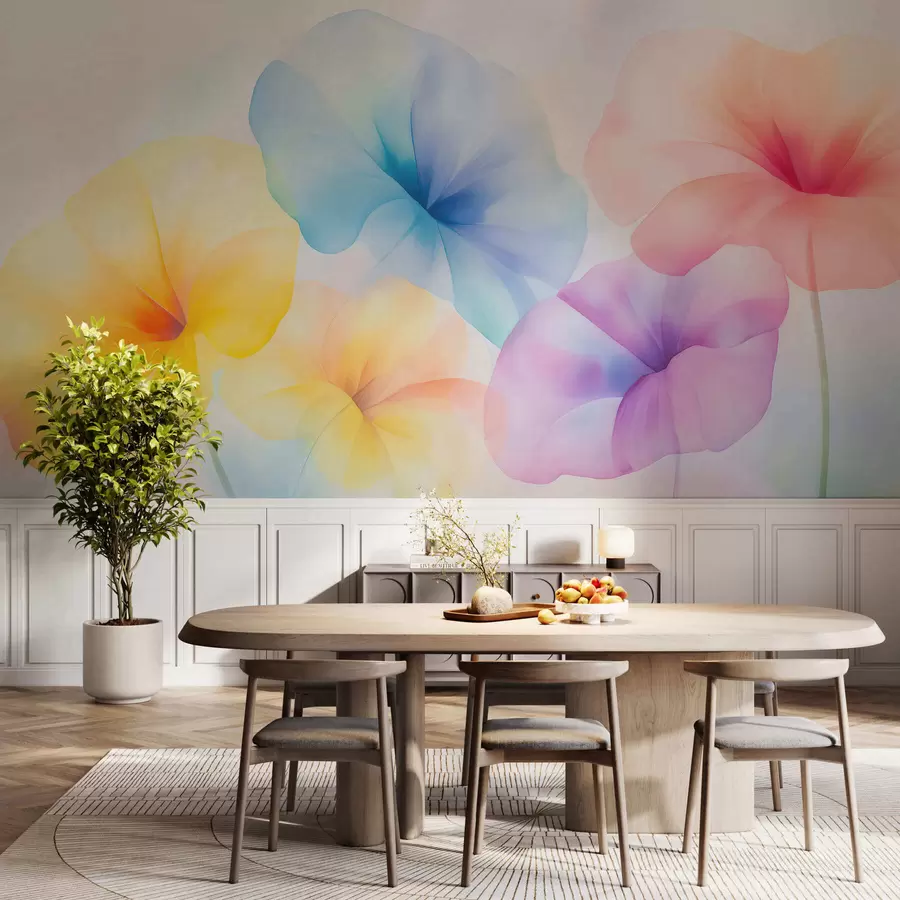 Fotobehang Kleurrijke, doorschijnende bloemen in zachte pasteltinten met een dromerig aquareleffect w05607