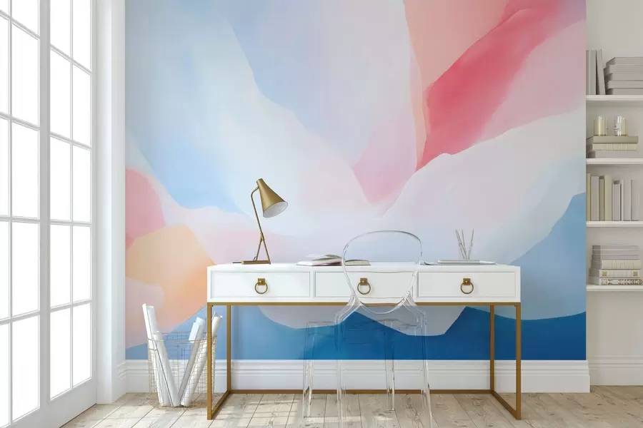 Fotobehang Abstracte pastelkleurige golven met zachte roze en blauwe kleurverlopen in aquarelstijl w05609