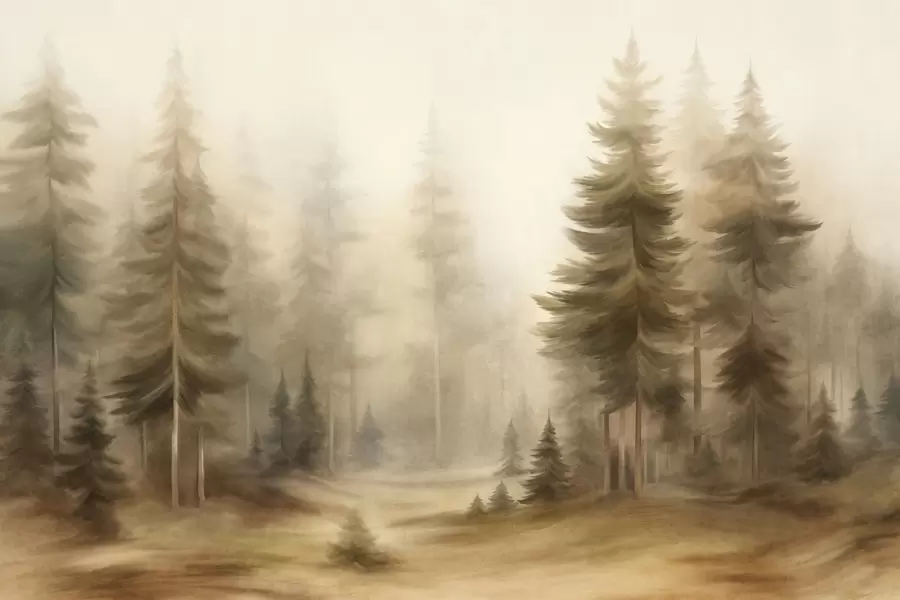 Papier peint photo Une forêt dense peuplée de grands pins dans une légère brume, une œuvre d'art paysager aux textures riches w09830