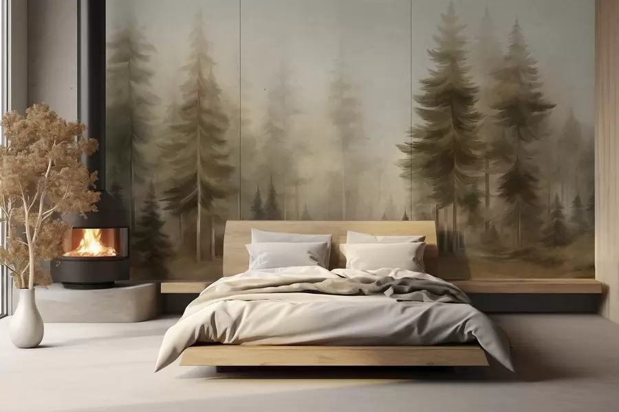 Papier peint photo Une forêt dense peuplée de grands pins dans une légère brume, une œuvre d'art paysager aux textures riches w09830