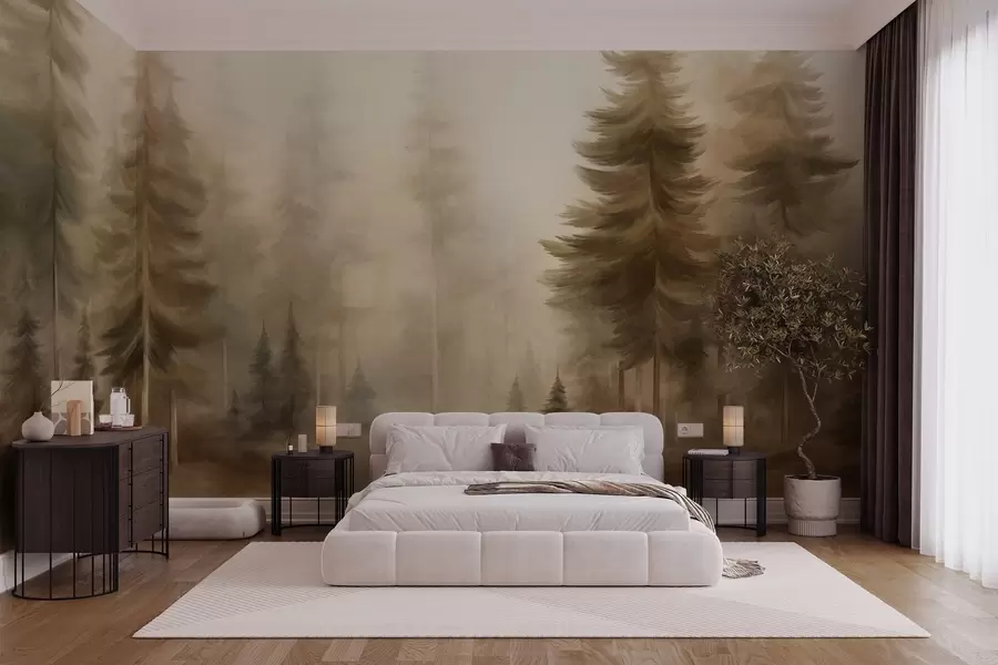 Papier peint photo Une forêt dense peuplée de grands pins dans une légère brume, une œuvre d'art paysager aux textures riches w09830