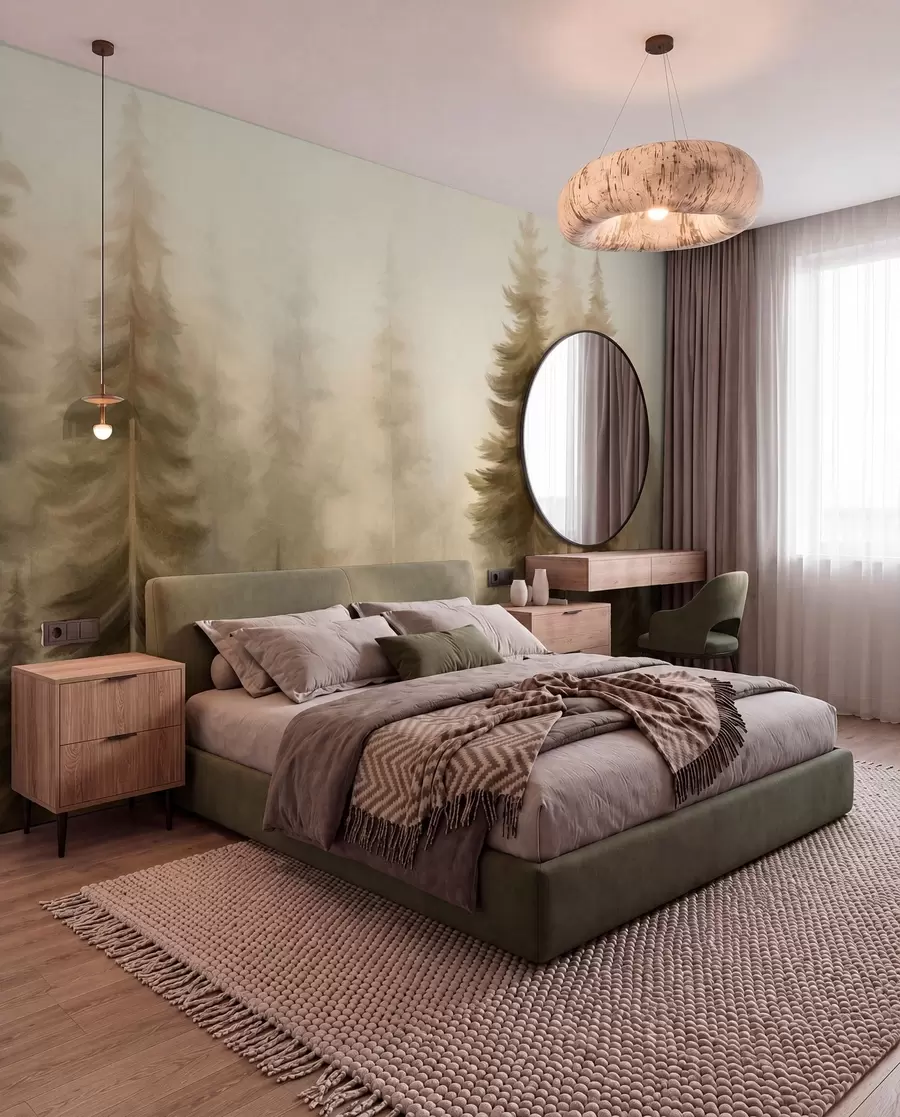Papier peint photo Une forêt dense peuplée de grands pins dans une légère brume, une œuvre d'art paysager aux textures riches w09830