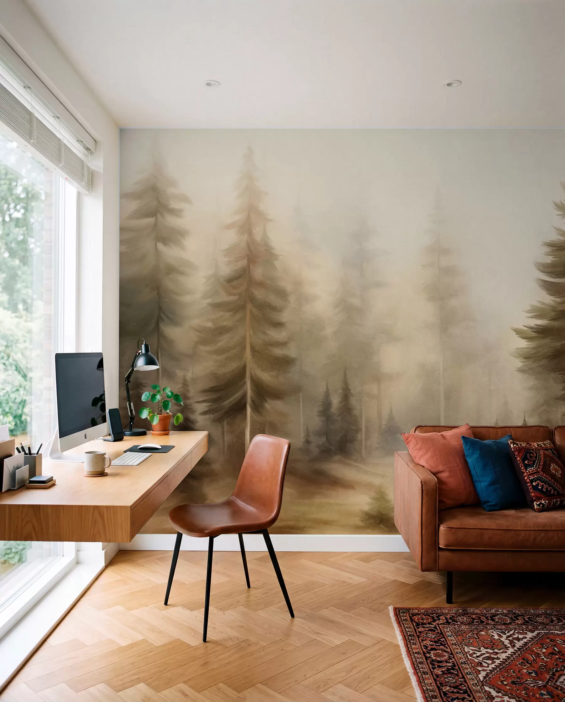Fotobehang Een dicht bos met hoge dennenbomen in een lichte mist, landschapskunst met veel textuur w09830
