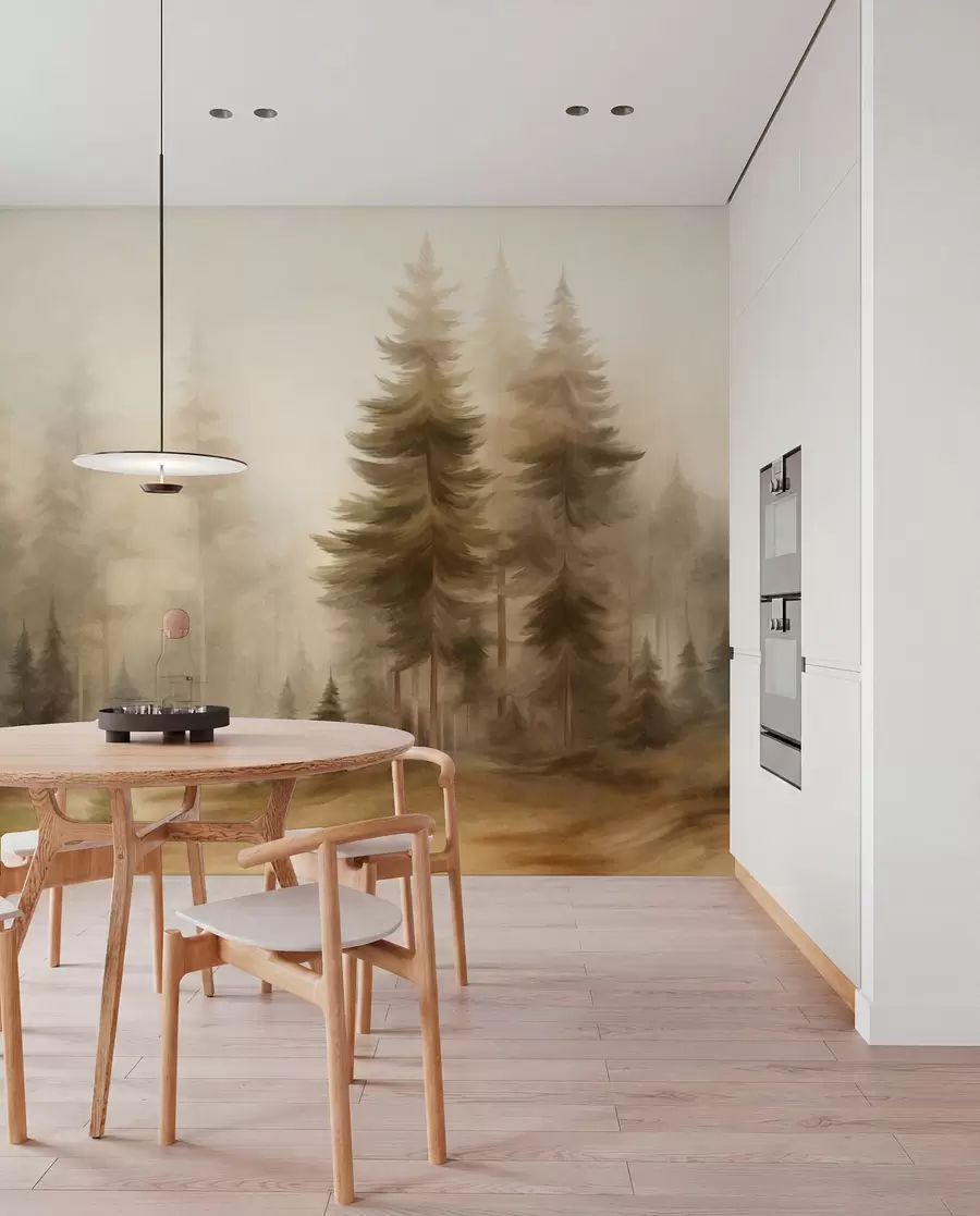 Papier peint photo Une forêt dense peuplée de grands pins dans une légère brume, une œuvre d'art paysager aux textures riches w09830