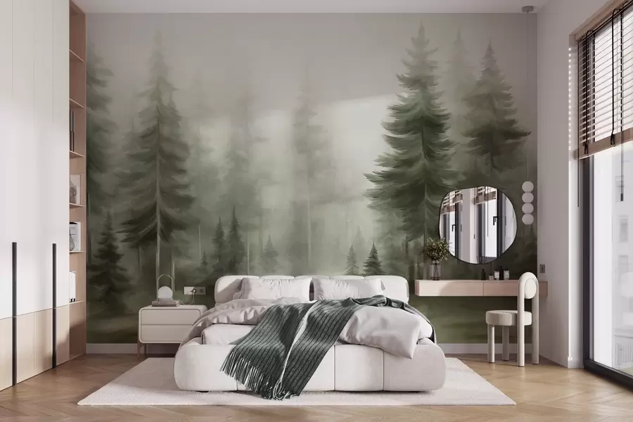 Papier peint photo Une forêt dense peuplée de grands pins dans une légère brume, une œuvre d'art paysager aux textures riches w09830v1