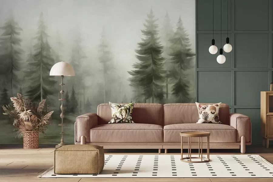 Fotobehang Een dicht bos met hoge dennenbomen in een lichte mist, landschapskunst met veel textuur w09830v1