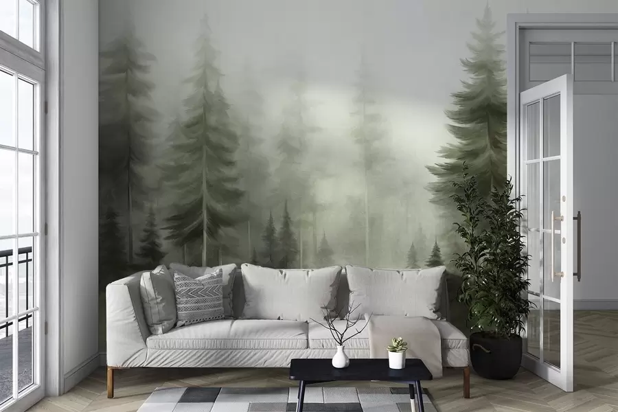 Fotobehang Een dicht bos met hoge dennenbomen in een lichte mist, landschapskunst met veel textuur w09830v1